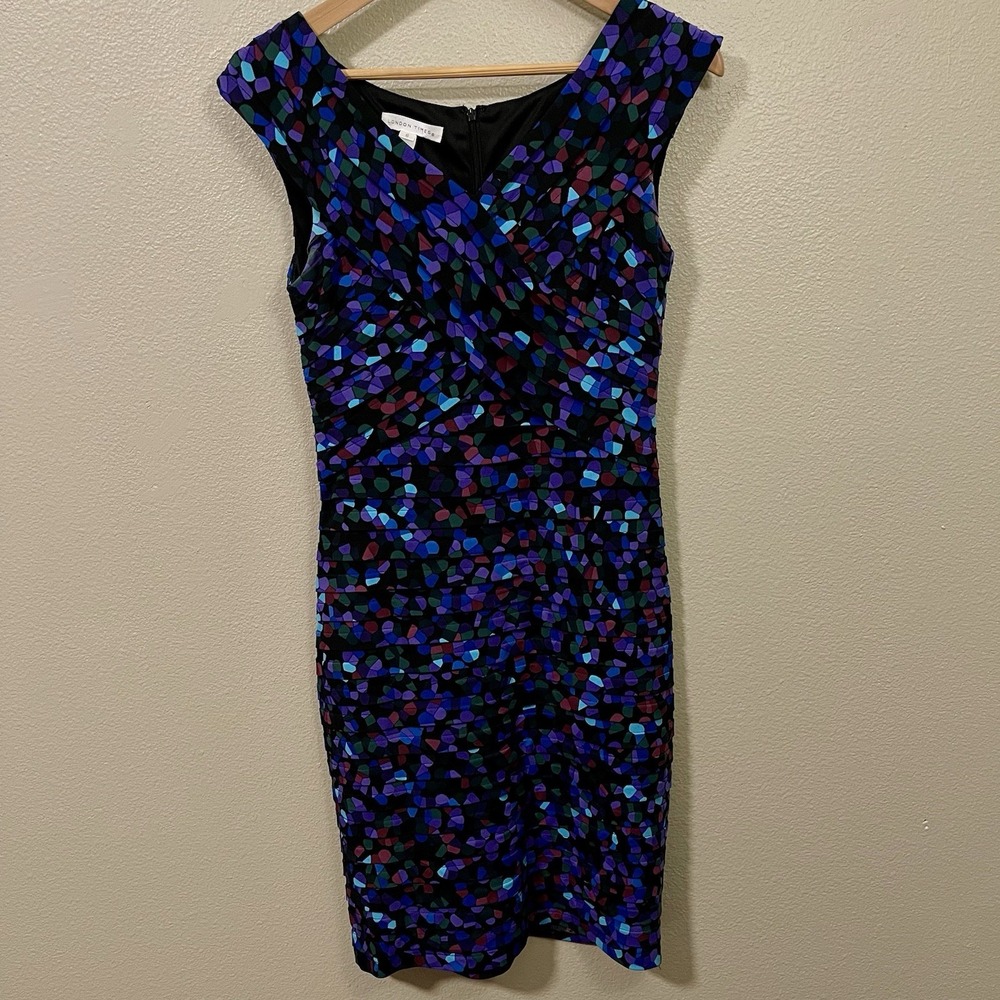London Times Dark Artsy‎ Sheath Dress Knee Length Layered Abstract Multi Size 6